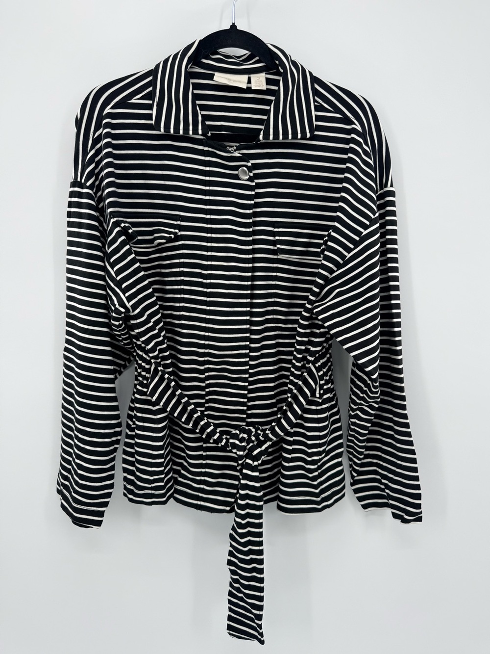 Chico’s Size 2 Black White Striped Belted Knit Jacket Tie Waist Classic Chic - Picture 2 of 7